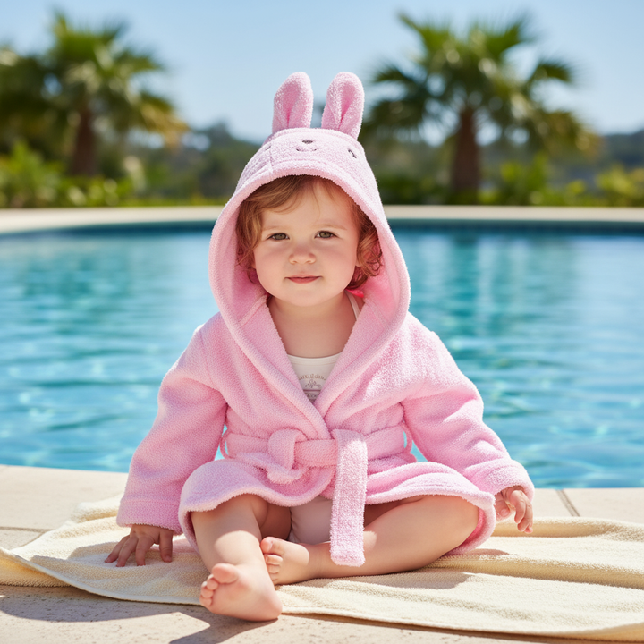 Kids' white cotton animal hooded bathrobe with cute bear ears, perfect for snuggly bath time for children