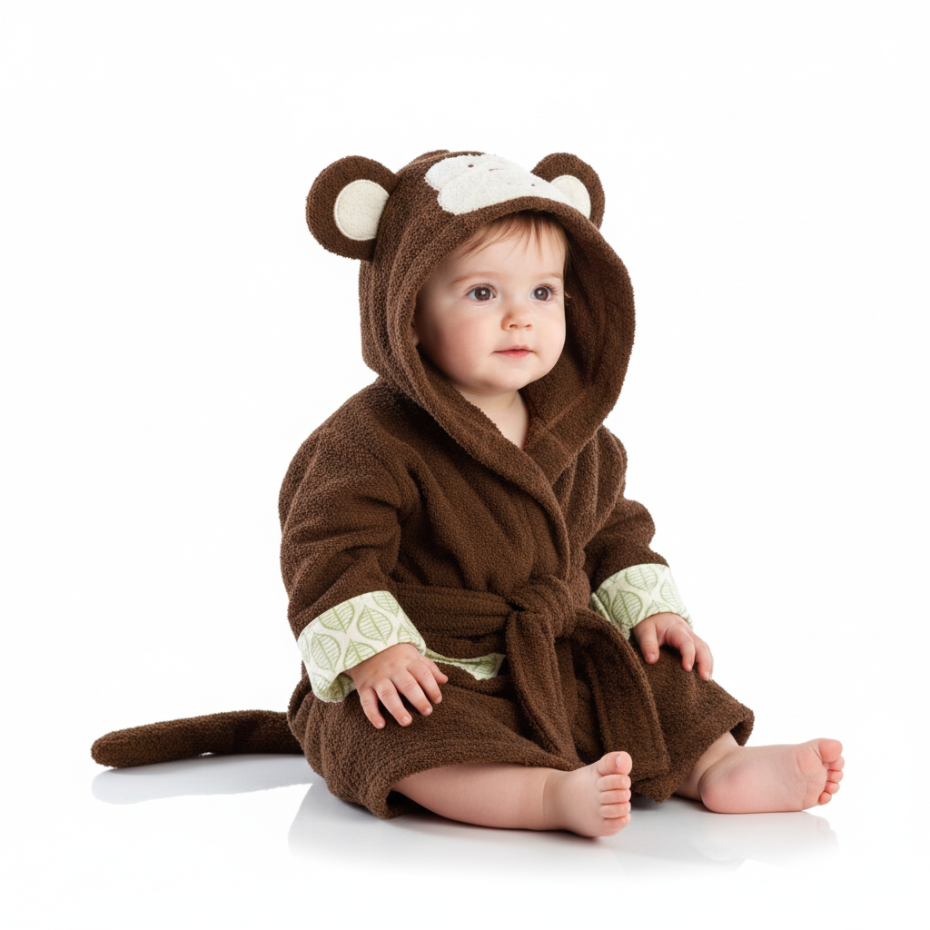 Detailed shot of the absorbent cotton texture of a kids' animal hooded bathrobe with a frog face