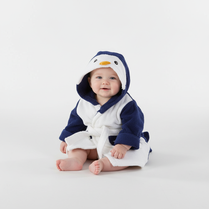 Kids' animal hooded bathrobe on a hanger, ready for bath time, showing the full design and plush cotton