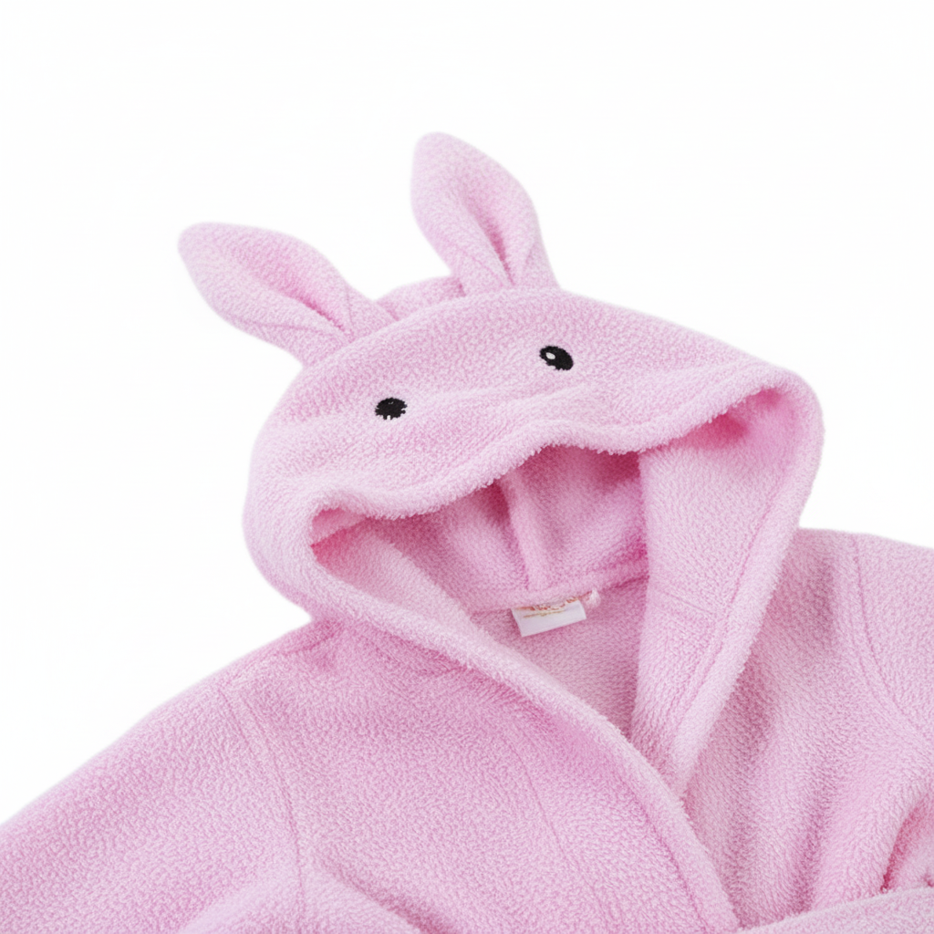 Close-up of the adorable animal hood of a children's bathrobe, made from plush cotton for baby