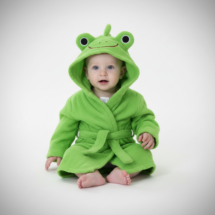 Little girl wearing a pink cotton animal hooded bathrobe, super soft and absorbent for children