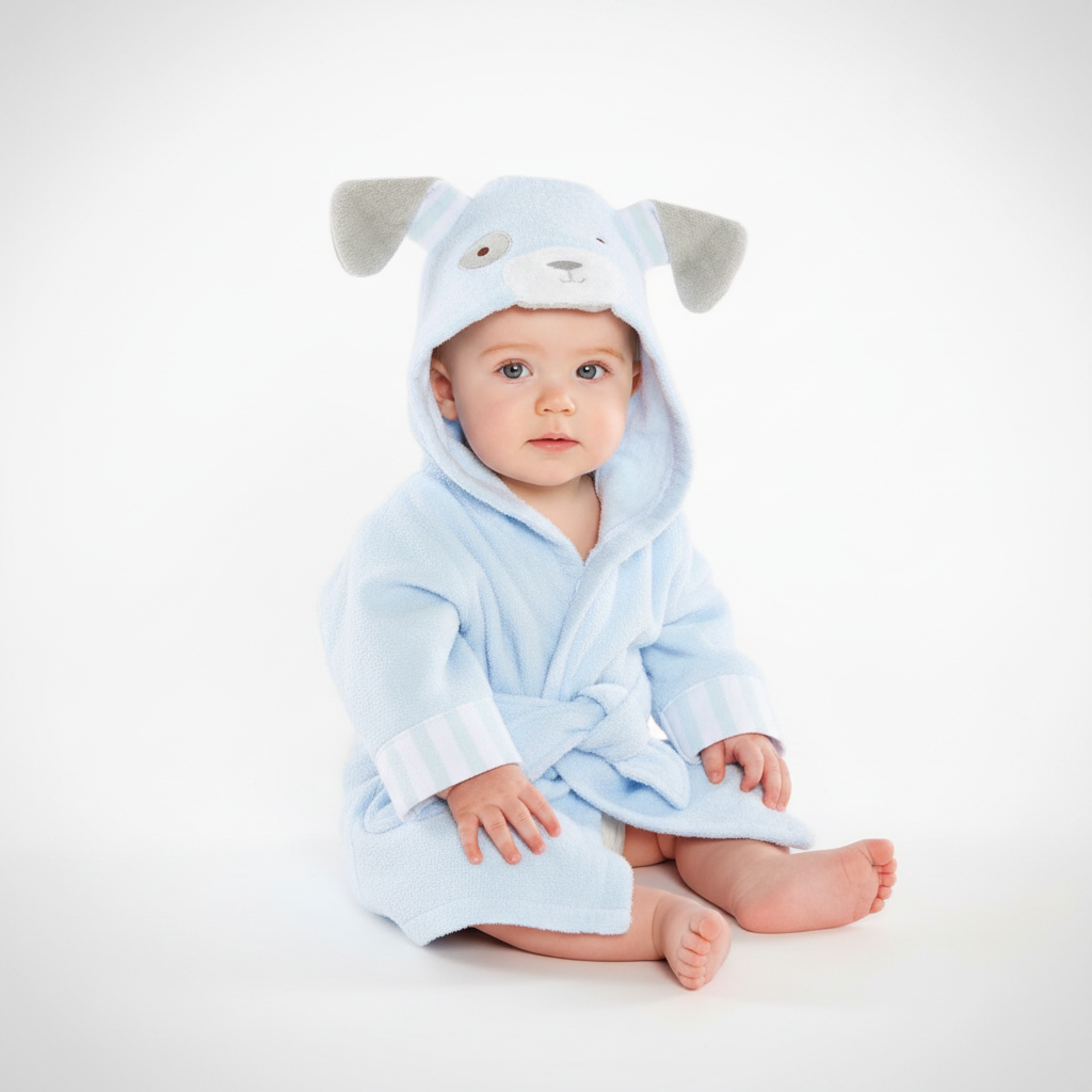 Collection of colorful animal hooded bathrobes for children, displaying various animal motifs and cotton