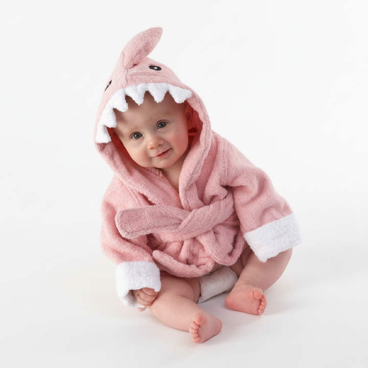 Back view of a kids' hooded bathrobe with a tail accent on the animal design, made from absorbent cotton