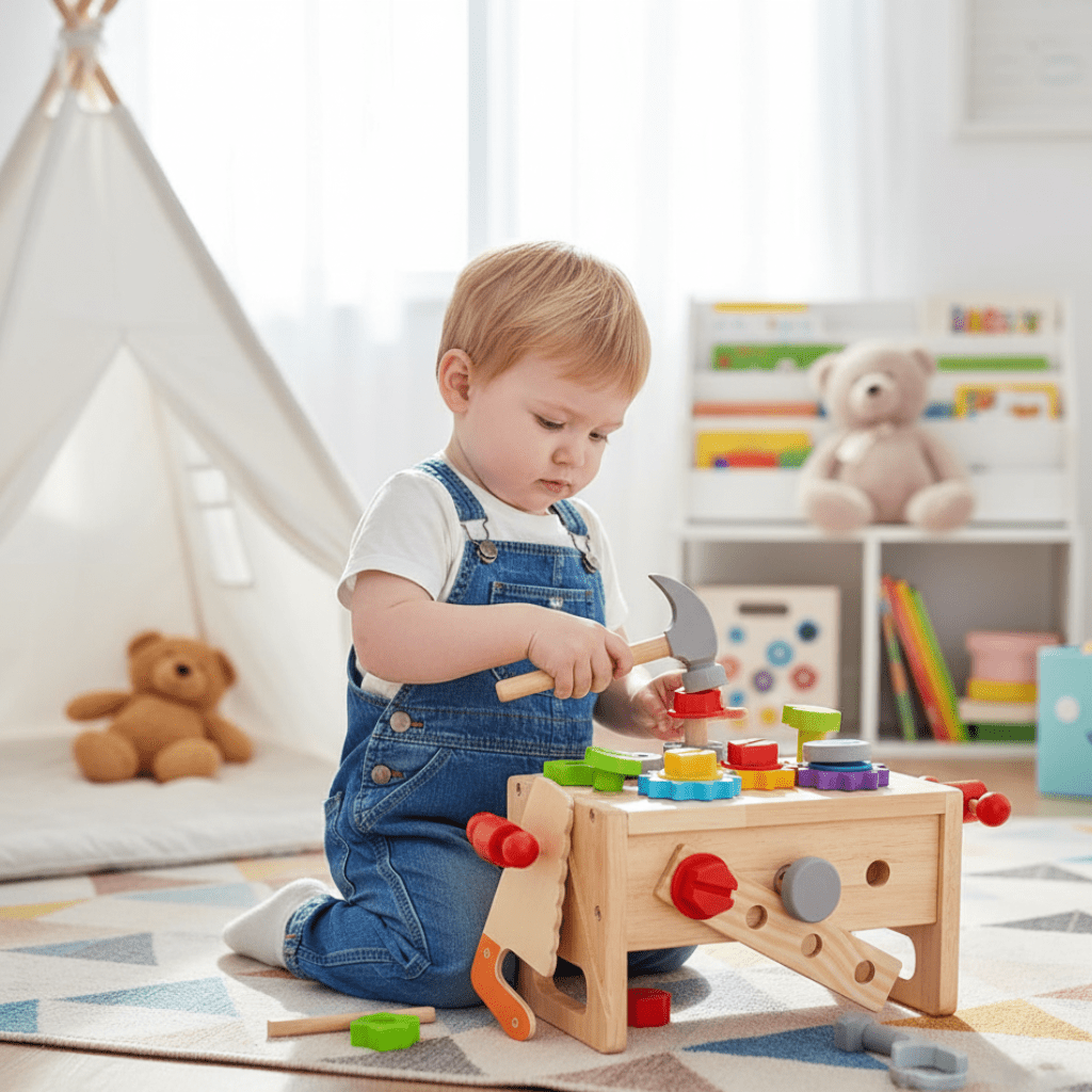 Kids' wooden activity box with colorful building blocks for creative play, developing fine motor skills.