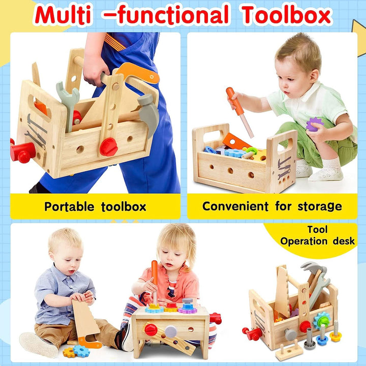 Close-up of a woodcraft activity box for kids, showcasing detailed wooden building blocks for imaginative play.