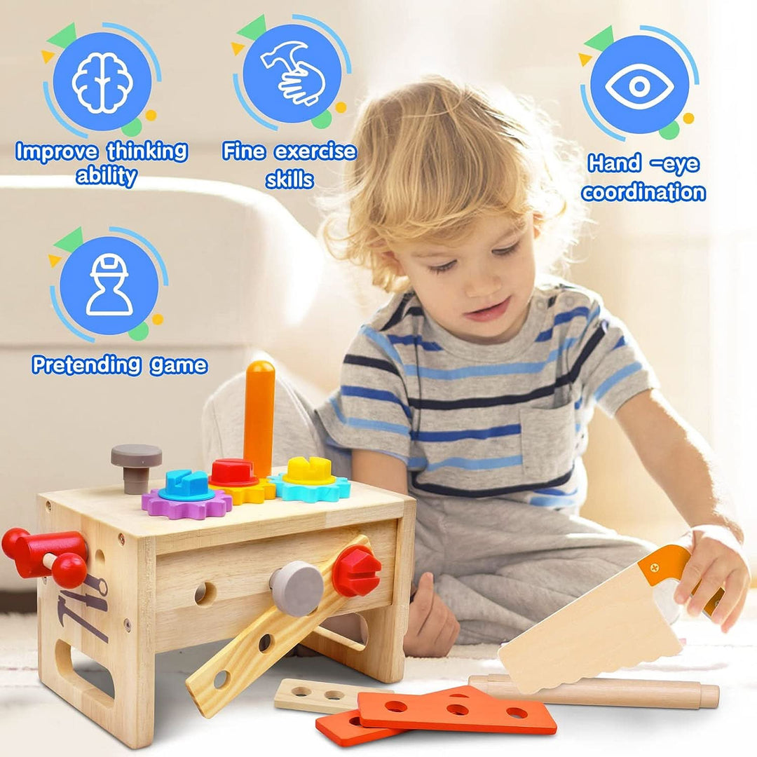 Complete kids' wooden activity box building set displayed, featuring various shapes & colors for educational toddler play.