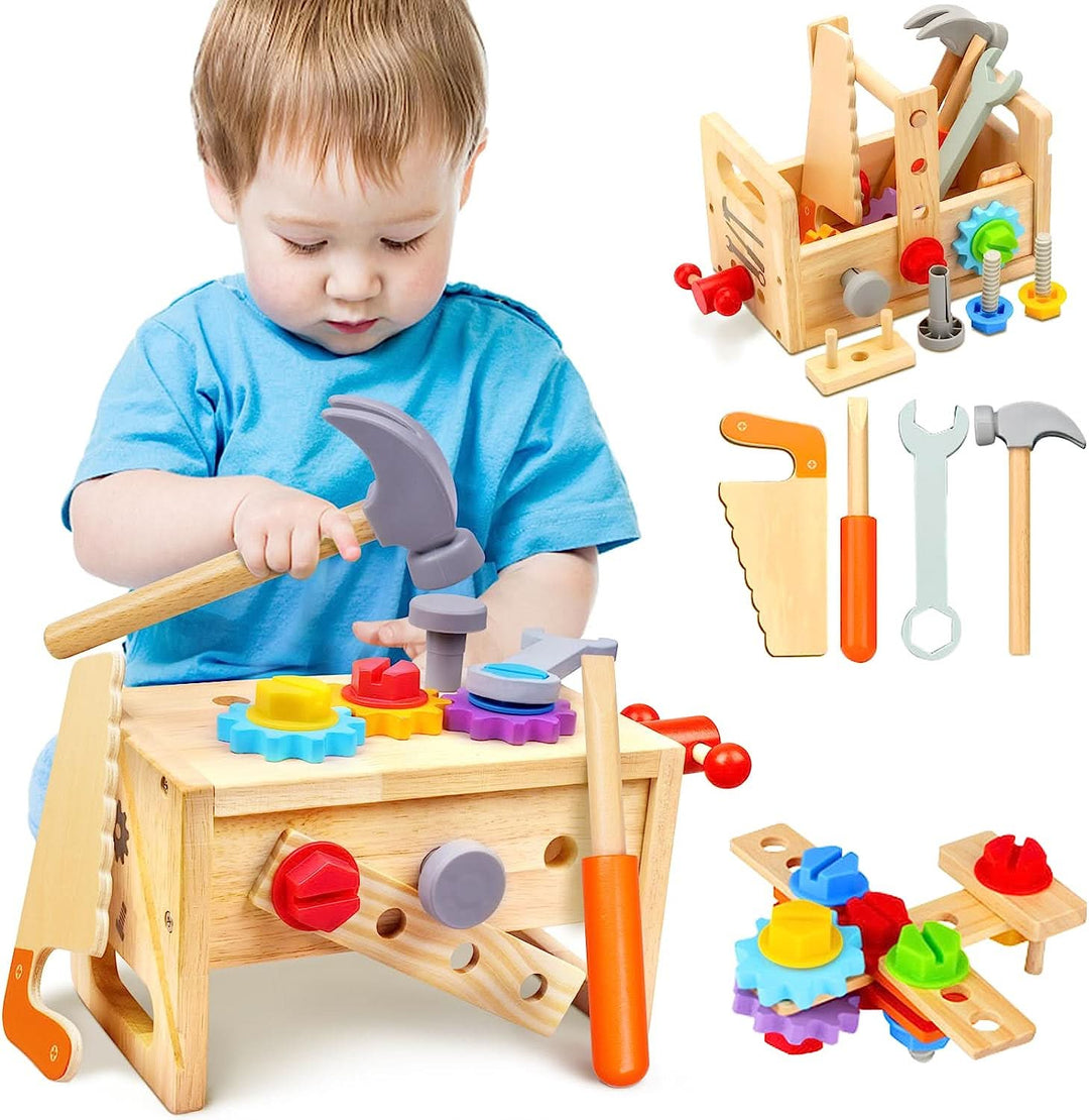 Durable wooden toy activity box, designed for kids' creative building & developing fine motor skills during playtime.