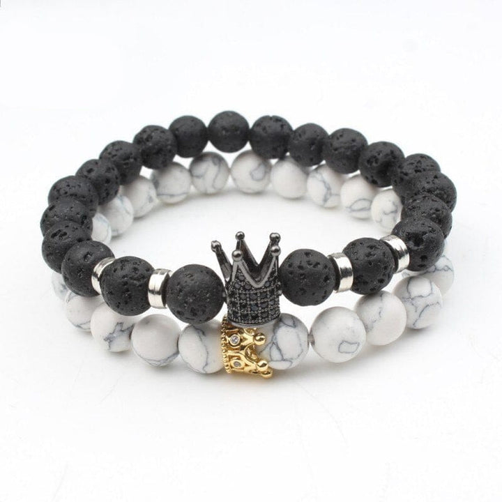 King & Queen couples bracelet set with black lava stone and white howlite beads, perfect for gifts