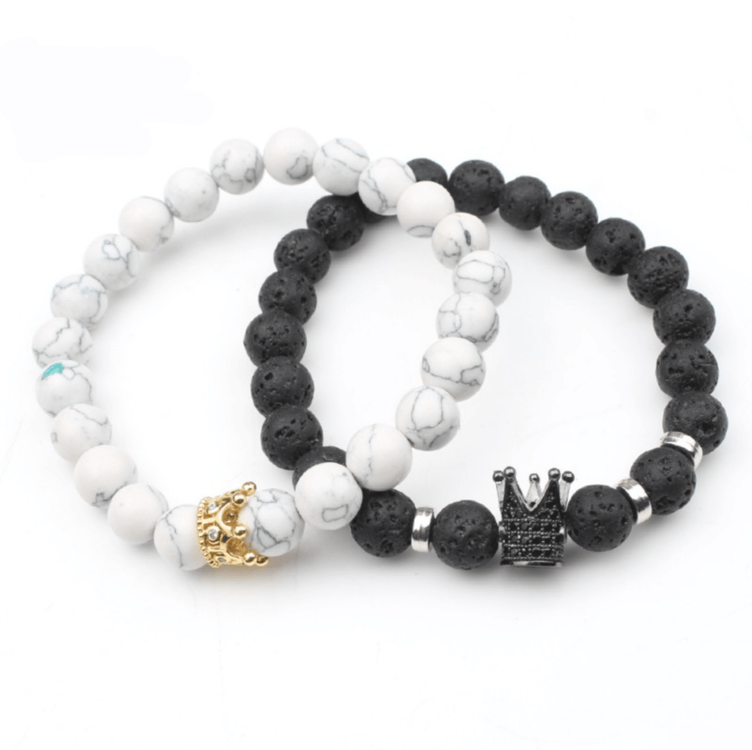 Unisex partner armbands, Calix stone bead bracelets featuring 'King' and 'Queen' charms for couples