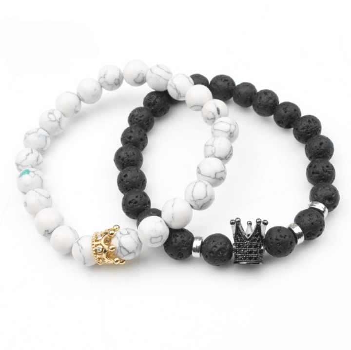 Unisex partner armbands, Calix stone bead bracelets featuring 'King' and 'Queen' charms for couples