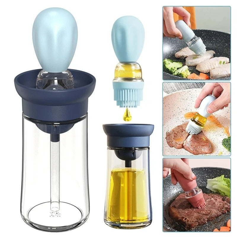 Food-grade silicone oil dispenser bottle with brush head for precise oil application in cooking.