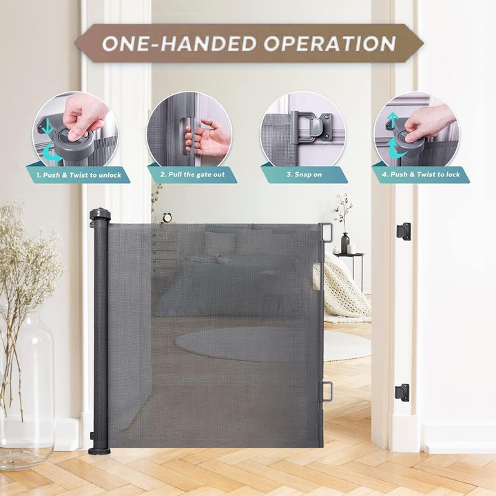 Black retractable baby gate with auto-close lock, wall mount, child and pet barrier