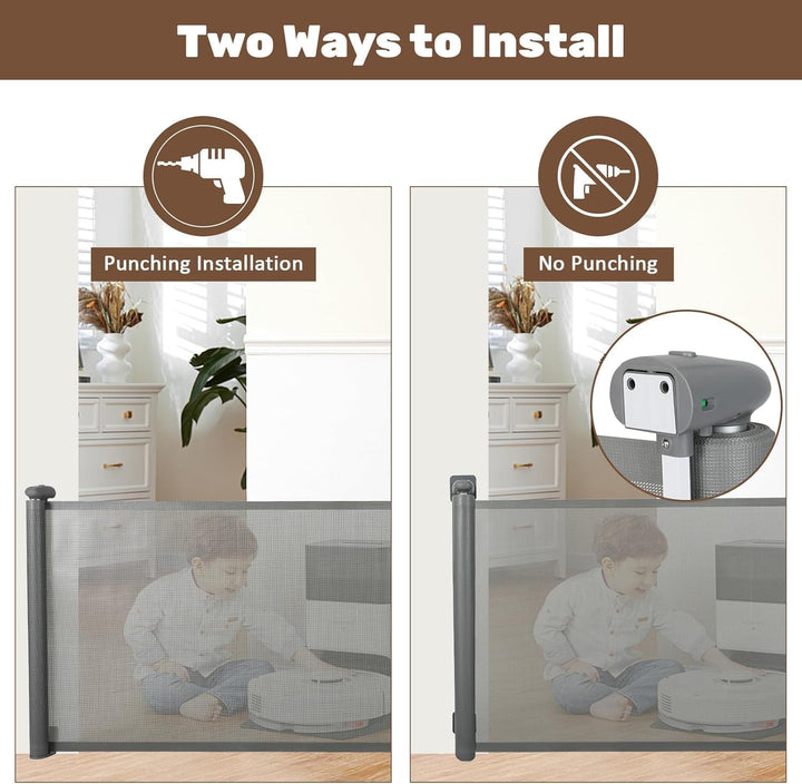 Retractable pet and baby gate, auto-close, essential for open-plan living spaces