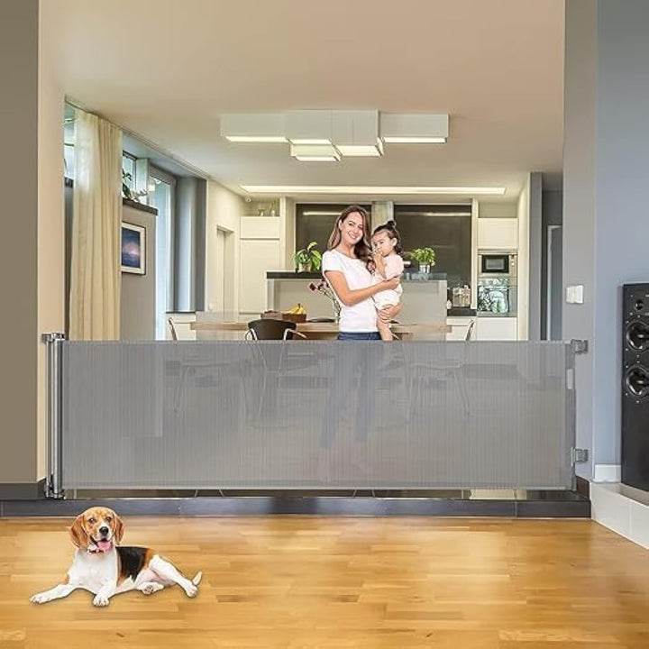 Space-saving retractable mesh safety gate, auto-close design, grey for modern homes