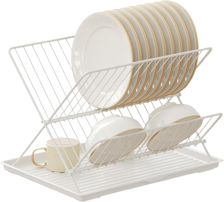 Klvra 2-tier folding dish drying rack, stainless steel, with detachable tray, space-saving kitchen organizer.