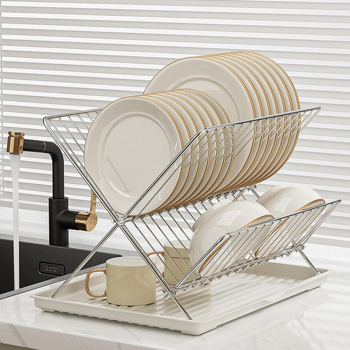 Efficient 2-tier drying rack for dishes, glassware, and cutlery, with a removable drain tray, ideal for counters.