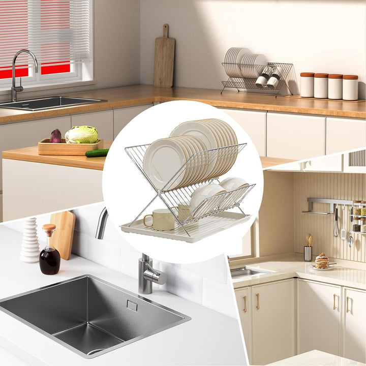 Stylish and practical 2-tier folding dish drying rack with a seamless detachable tray for kitchen organization.