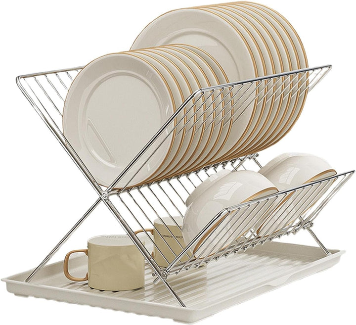 Black and silver 2-tier dish rack, collapsible design, featuring a detachable tray for easy cleanup.