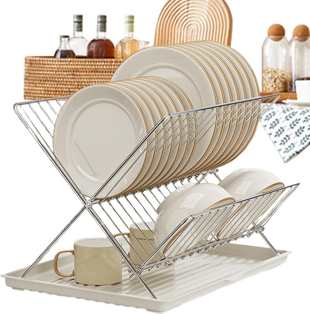 Versatile 2-tier foldable dish drying rack, great for air drying dishes, with a convenient removable drip tray.