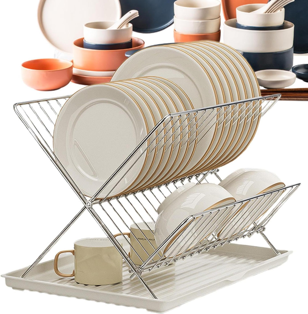 Durable carbon steel and stainless steel 2-tier folding dish rack, with a large capacity detachable tray.