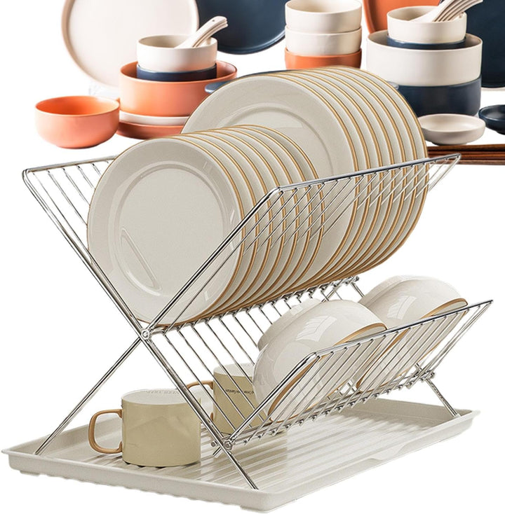 Durable carbon steel and stainless steel 2-tier folding dish rack, with a large capacity detachable tray.