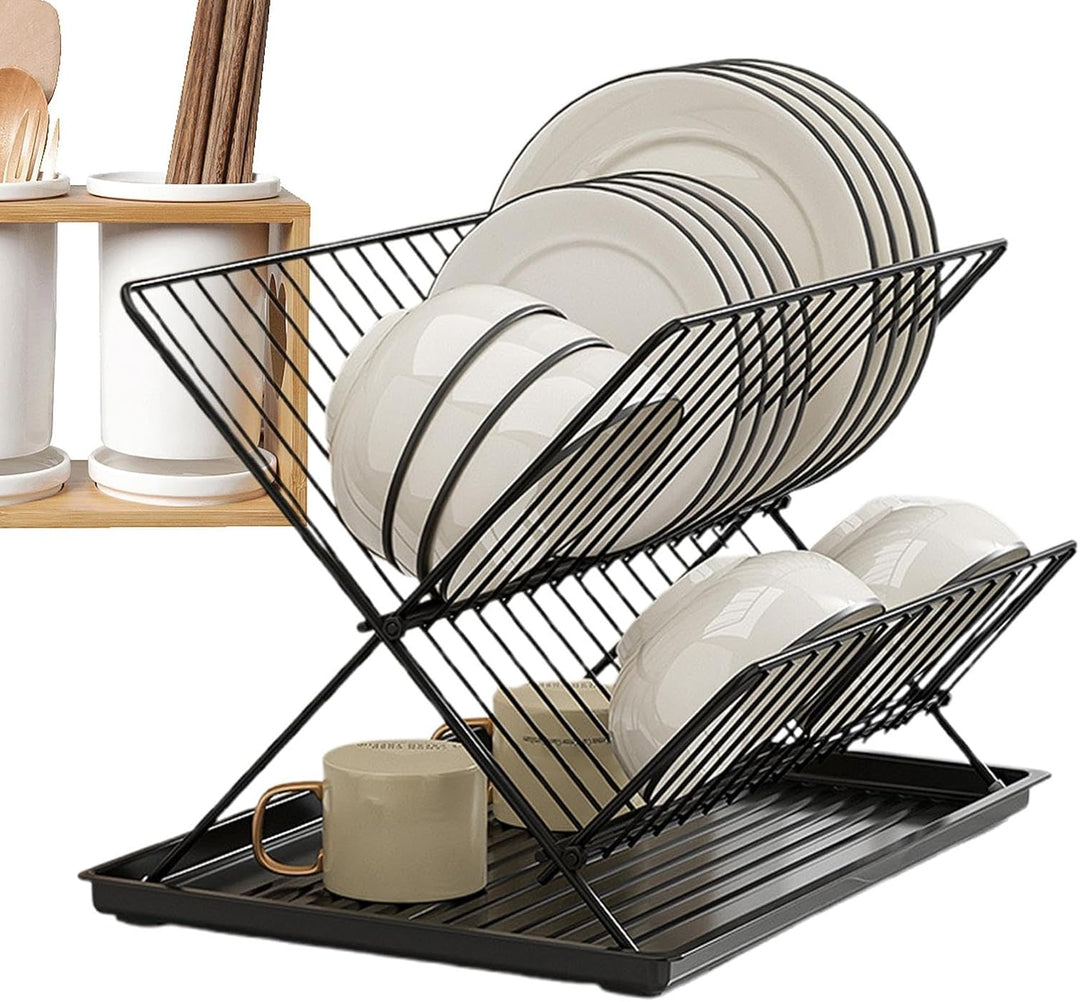 Foldable 2-tier dish drying rack, ideal for small kitchens, includes a practical detachable and cleanable tray.