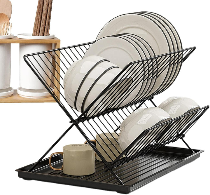Foldable 2-tier dish drying rack, ideal for small kitchens, includes a practical detachable and cleanable tray.