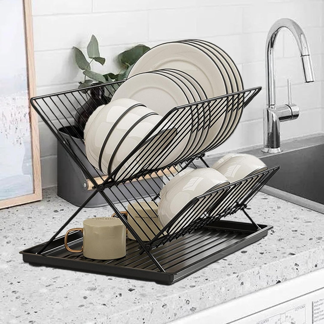 Modern kitchen folding dish rack, 2-tier design, stainless steel and carbon steel, with a removable drain tray.