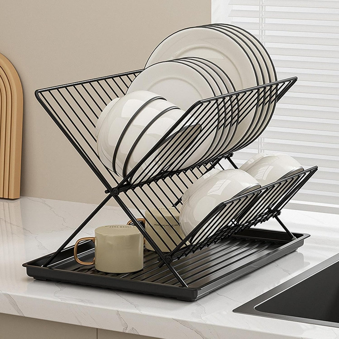 Klvra countertop dish drying rack, 2-tier foldable design, perfect for maximizing kitchen space, detachable tray.