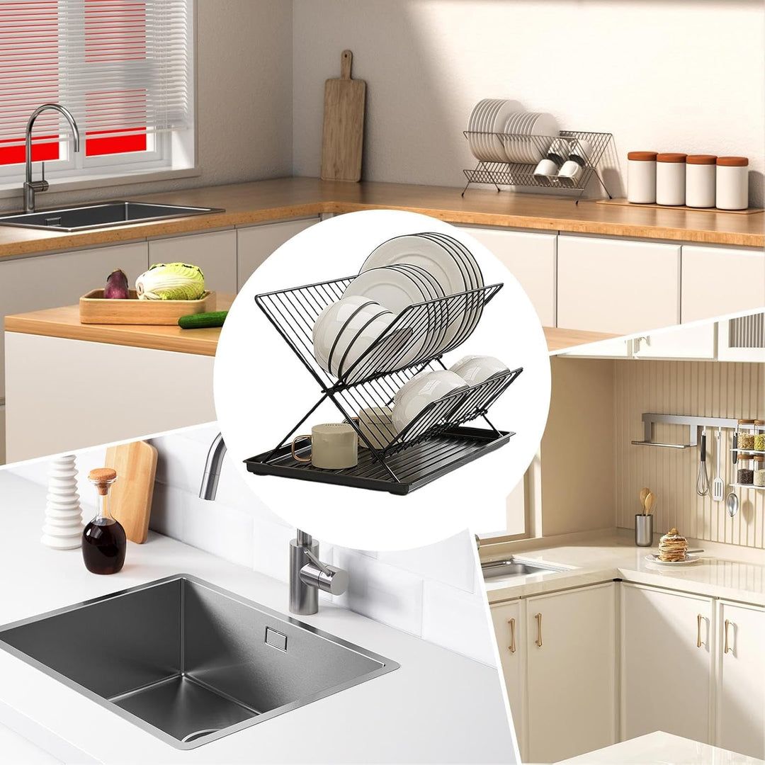 Black foldable 2-tier dish drainer with a shiny stainless steel top tier and a convenient detachable tray.