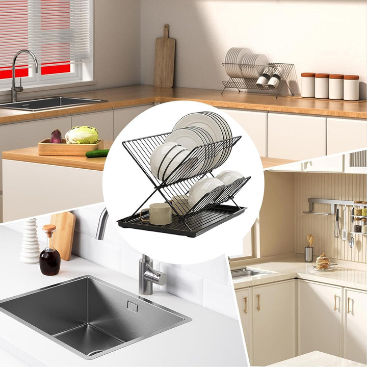 Black foldable 2-tier dish drainer with a shiny stainless steel top tier and a convenient detachable tray.