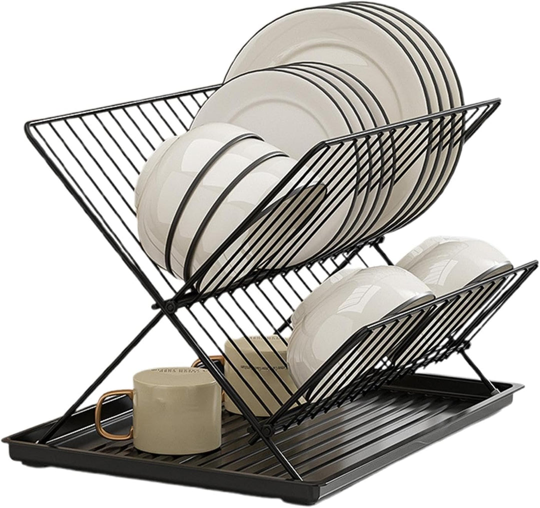 Essential kitchen organizer: 2-tier folding dish drying rack, includes a spacious and detachable drainage tray.