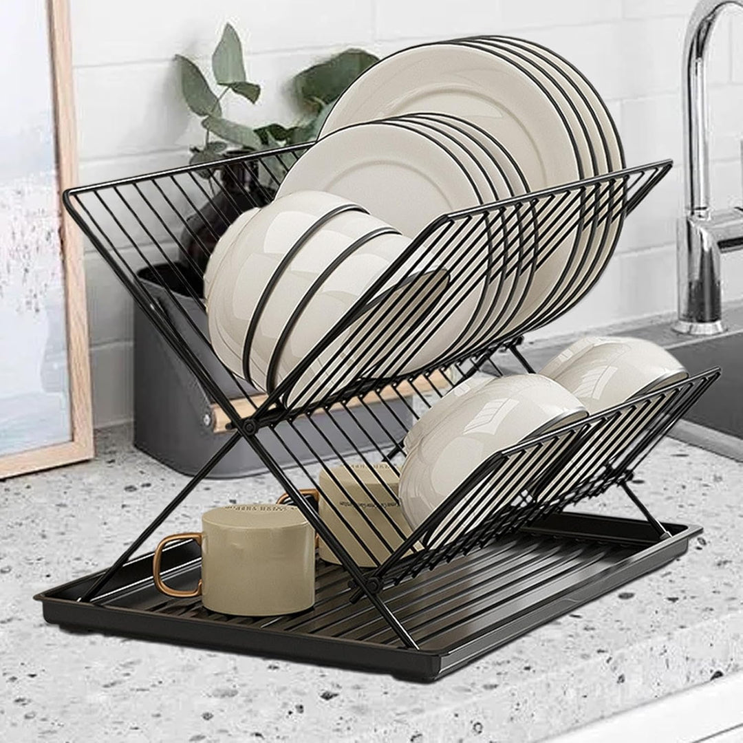 Foldable 2-tier drying rack for dishes, glasses, and utensils, featuring a quick-drying detachable tray.