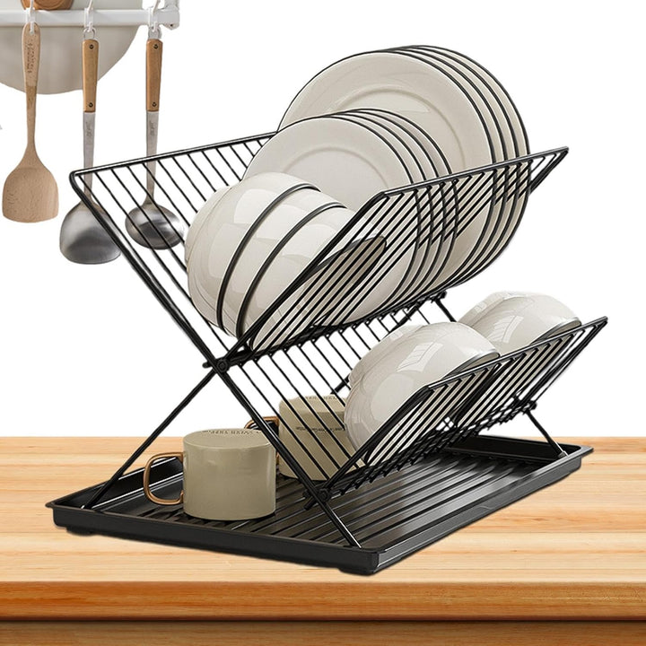 Space-saving carbon steel 2-tier folding dish drying rack by Klvra, with a easily removable drip tray.