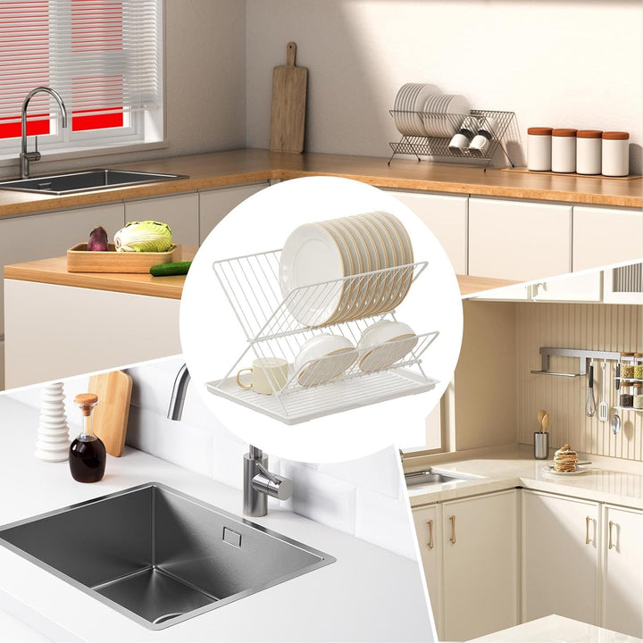 Klvra foldable dish rack, 2-tier design, perfect for kitchens needing a space-saving countertop drainer.
