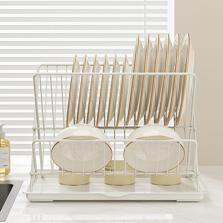 Space-saving 2-tier dish rack, black foldable frame, stainless steel upper, with drain tray for dishes.