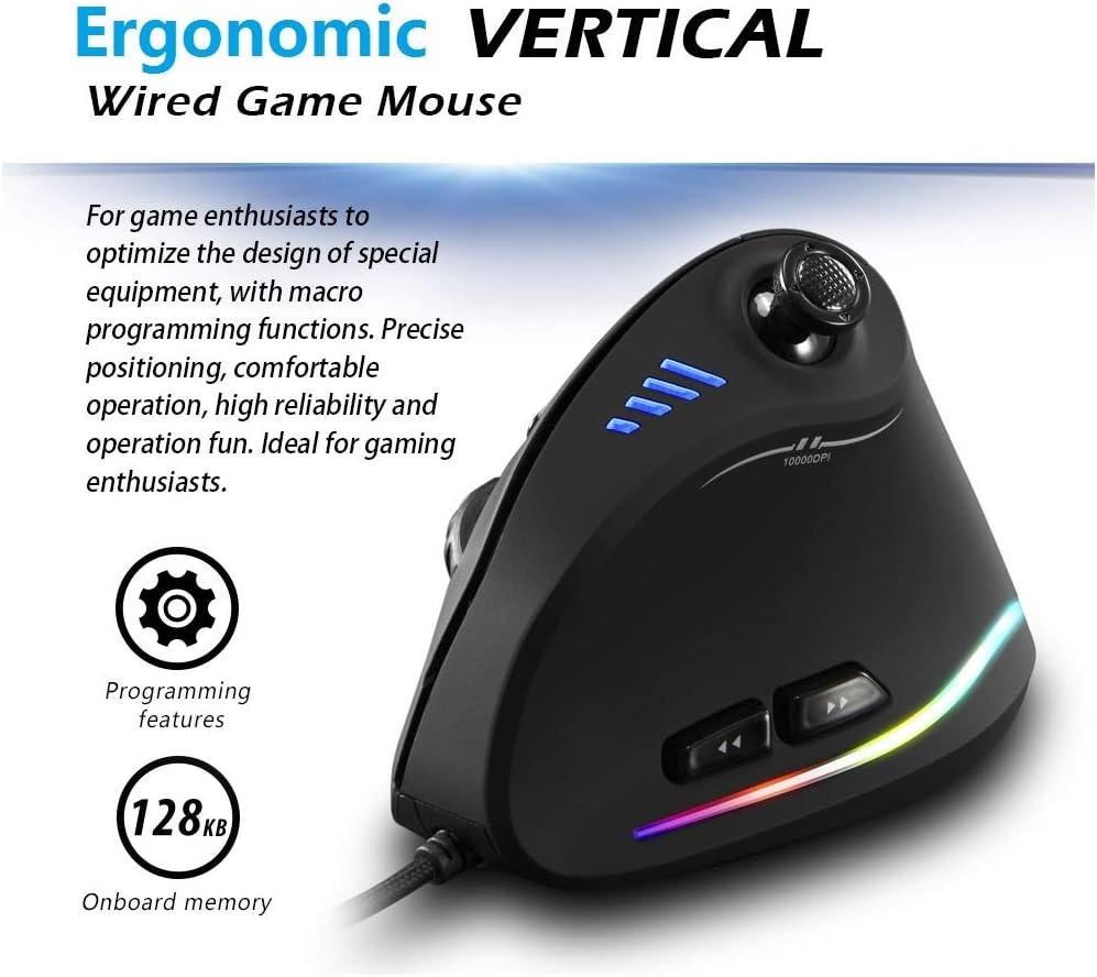 Close-up of Kryvos vertical gaming mouse, showing vibrant RGB lighting and joystick feature for gamers.