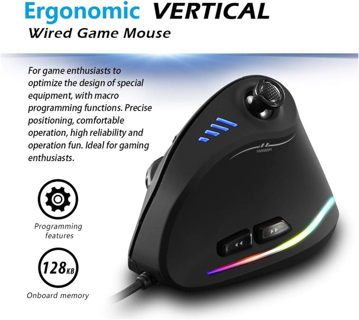 Close-up of Kryvos vertical gaming mouse, showing vibrant RGB lighting and joystick feature for gamers.