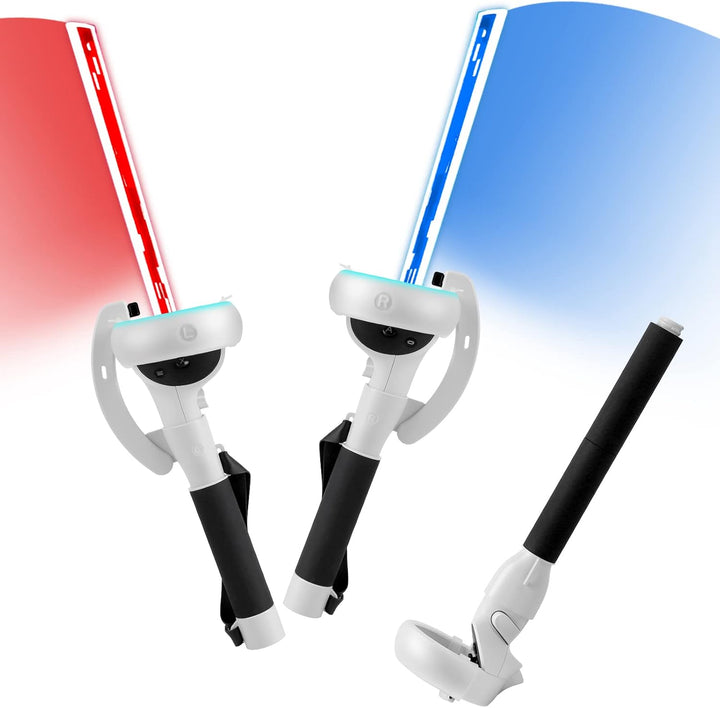 Pair of Kynaro extended VR gaming controller handles for Meta Quest 2 virtual reality.