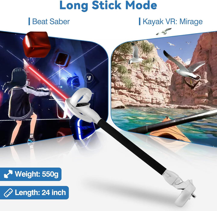 Close-up of Kynaro VR gaming controller extension handles with Meta Quest 2 compatibility.