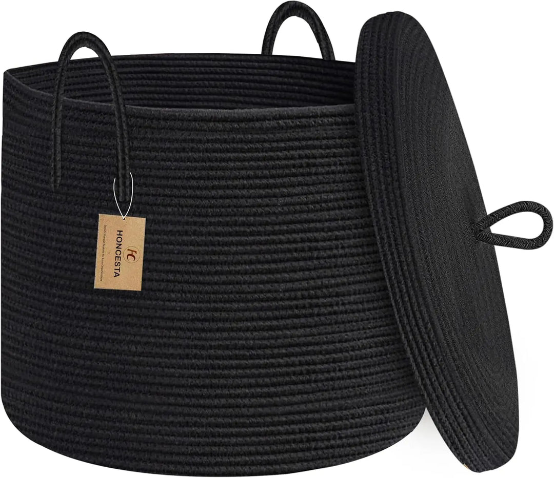 Large black cotton rope storage basket with lid for stylish home organization