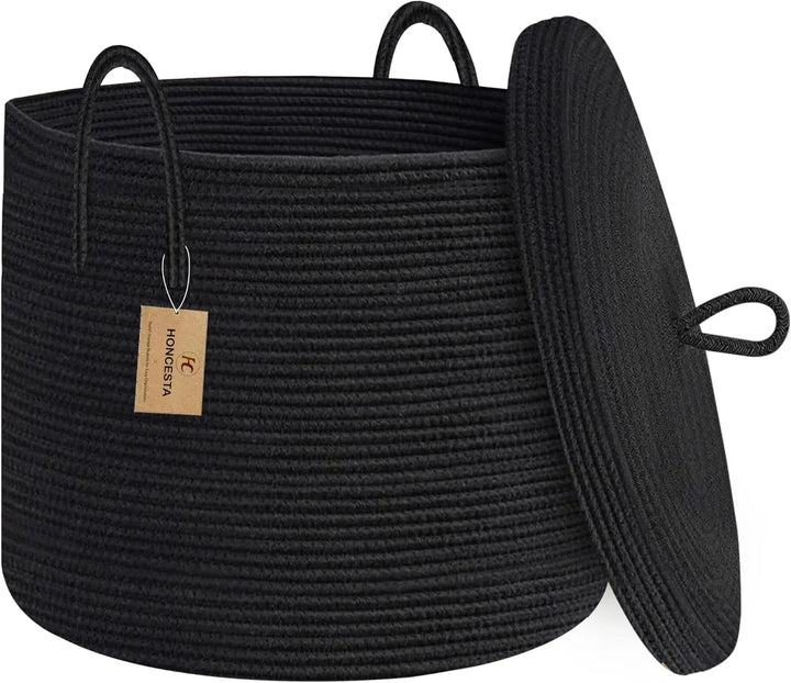 Large black cotton rope storage basket with lid for stylish home organization