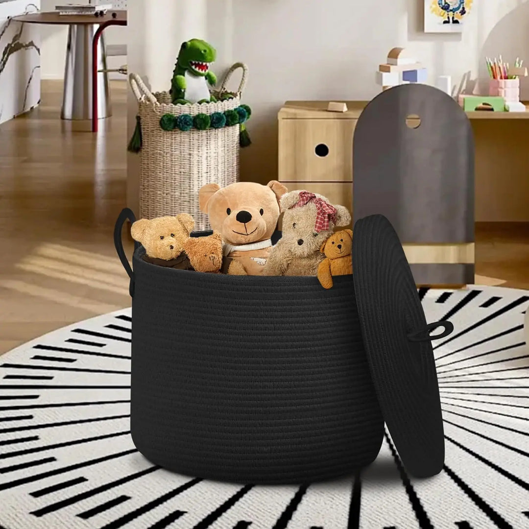Selwyn black cotton rope laundry basket with lid, perfect for storage