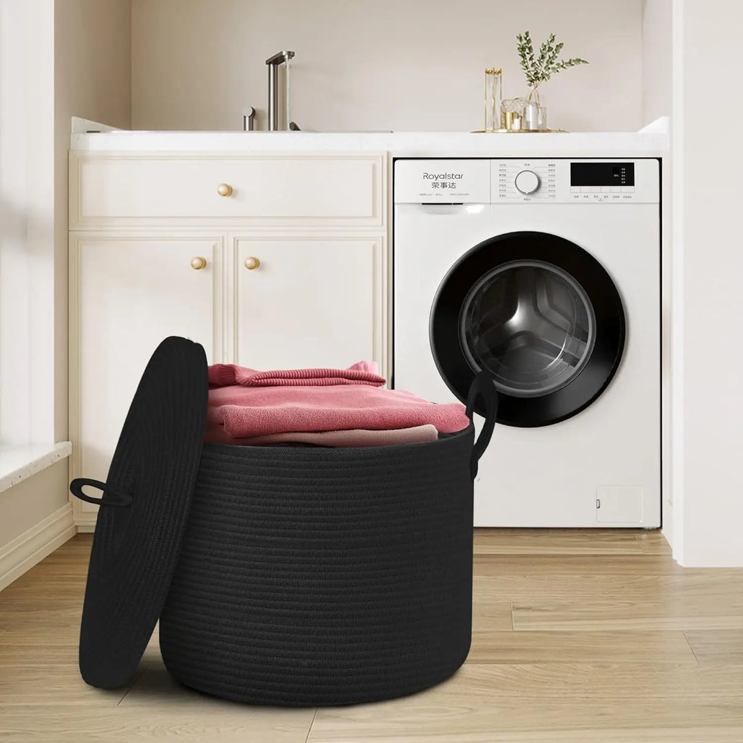Hand-woven large black cotton rope basket with lid for home decor and storage