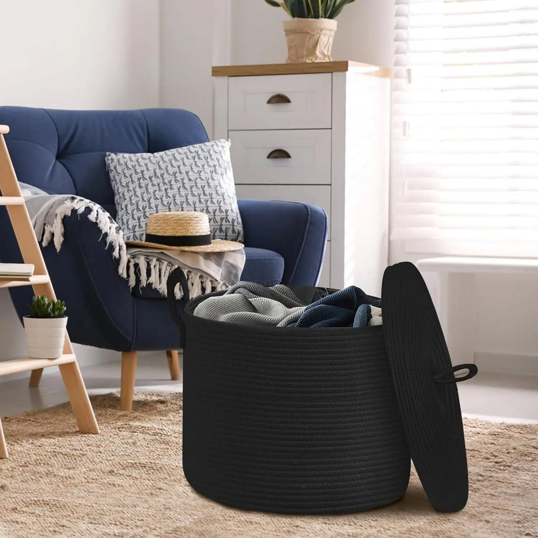 Spacious black cotton rope basket with lid for effective home organization solutions