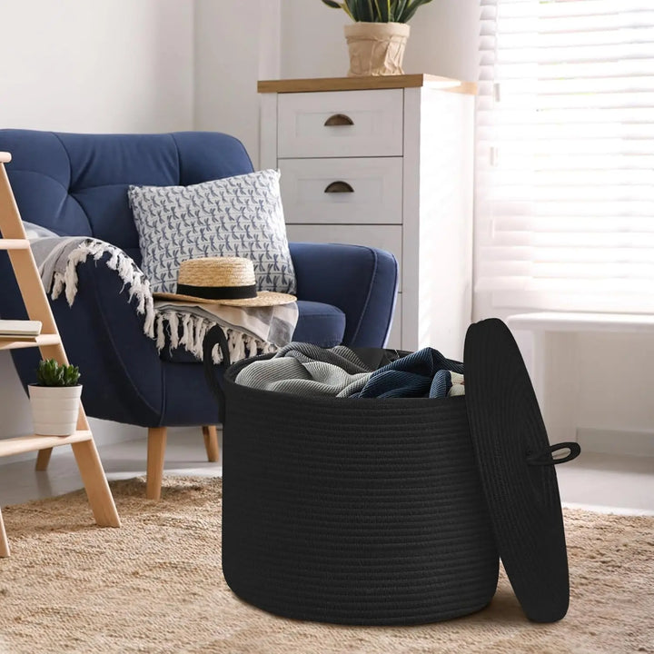 Spacious black cotton rope basket with lid for effective home organization solutions