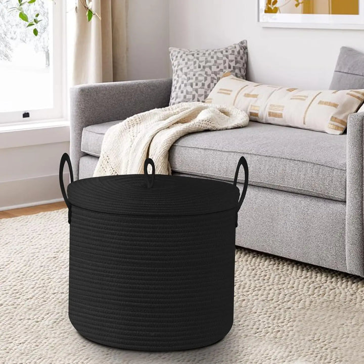 Durable black cotton rope storage container with lid, designed for kids' toy storage or laundry in modern homes