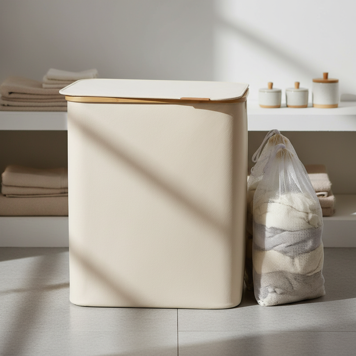 Large capacity 3-compartment laundry basket, breathable fabric, for home organization and clothes sorting