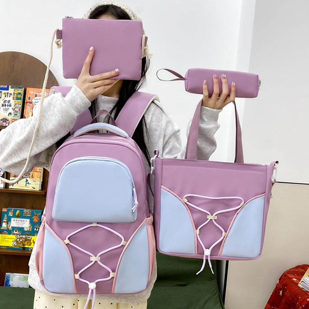 Large capacity student backpack set, ergonomic design for comfortable carrying, back view