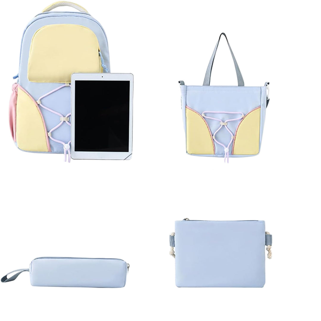Waterproof student backpack and pencil case set, top-down view, spacious and stylish